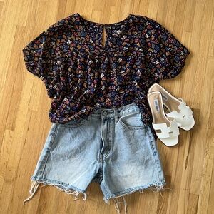 Madewell | S Navy Floral High-low Short-sleeve Shirt